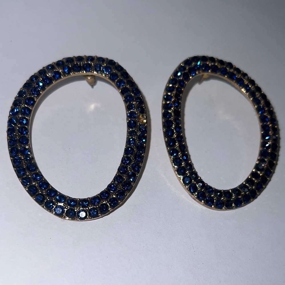 Large Oval Goldtone Navy Blue Crystal Encrusted Pierced Earrings